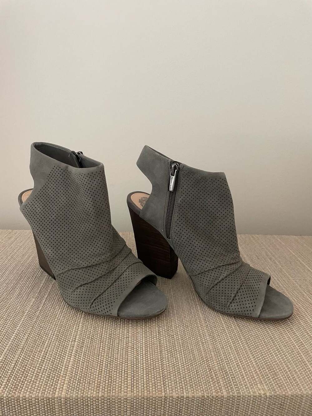 Vince Camuto Kentvi Graystone Perforated Suede Peep-Toe Bootie Sandals